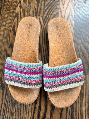 The Sak Striped Crochet Slide Sandals in Pink, Turquoise, Cream size 8